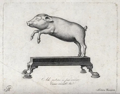 The statue of a lively, leaping pig