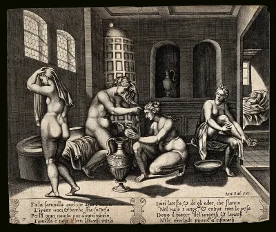 The story of Cupid and Psyche: inside the palace, Psyche, shown five times, is undressed, bathed, anointed, dried and laid to bed by invisible nymphs