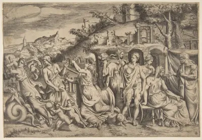 The story of Jason and Medea at the left she carries off her son, in the middle she is shown in her madness, Jason stands at the right