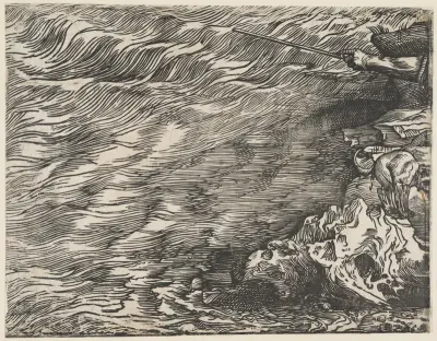 The Submersion of Pharoah's Army in the Red Sea, from twelve blocks: 'Block I, below Block H', showing the sea and a dog defecating