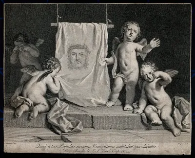 The sudarium of Saint Veronica presented by weeping angels