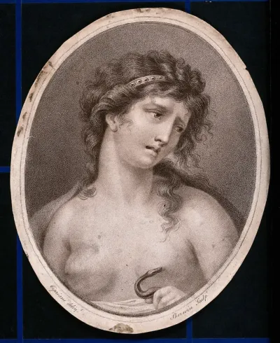 The suicide of Cleopatra: Cleopatra holding the asp in her left hand