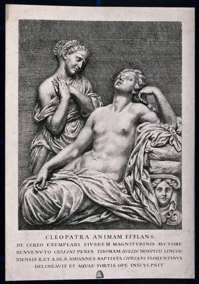 The suicide of Cleopatra: Cleopatra is lying dead on her bed, mourned by a servant