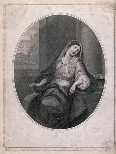 The suicide of Cleopatra: Cleopatra is sitting on a chair while the asp wriggles up her right arm