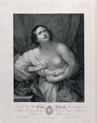The suicide of Cleopatra: Cleopatra is standing next to her bed grasping the tail of the asp with her right hand