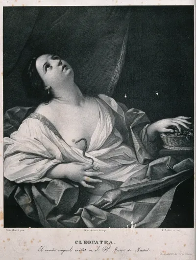 The suicide of Cleopatra: Cleopatra lies on her bed clasping the tail of the asp that just bit her