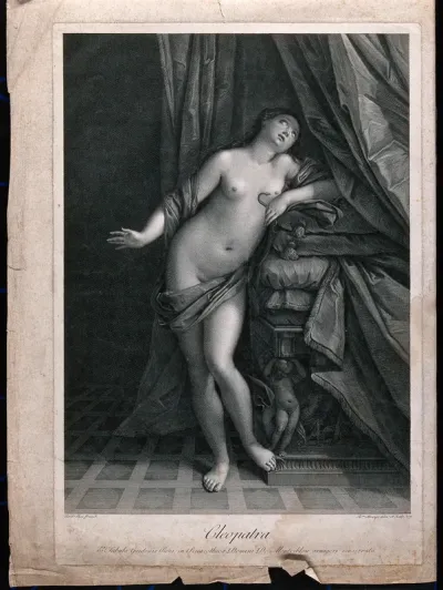 The suicide of Cleopatra: Cleopatra stands next to her bed holding the asp in her left hand
