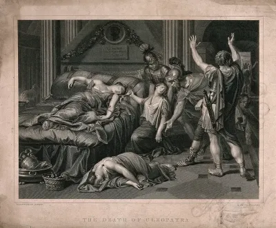 The suicide of Cleopatra: Roman soldiers discover Cleopatra lying dead on her bed with the asp wriggling on her left arm and her dead maid lying next to the bed