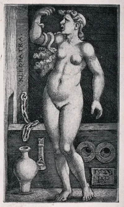The suicide of Cleopatra: the asp wriggles around Cleopatra's left arm and is about to bite her in the breast