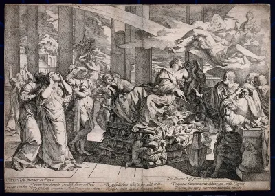 The suicide of Dido: Dido seated on a pyre surrounded by distressed servants