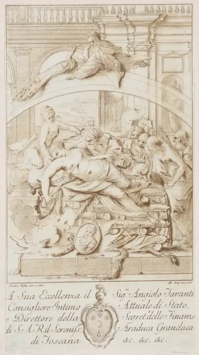 The suicide of Dido lying on the pyre in the centre surrounded by figures