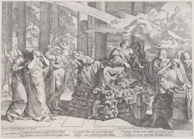 The suicide of Dido who reclines on a pyre in centre, surrounded by many figures