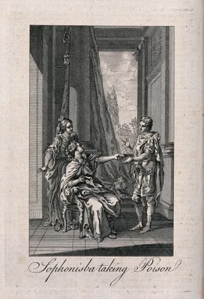 The suicide of Sophonisba: Sophonisba is sitting on a chair taking the poison Masinissa sent her