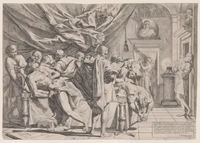 The suicide of the philosopher Cato, who lies on his bed pulling out his innards watched by horrified disciples