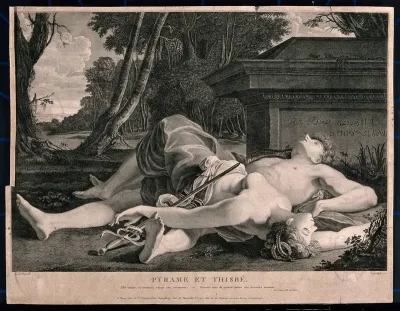 The suicides of Pyramus and Thisbe: Thisbe and Pyramus lying dead in front of Ninus' tomb, having stabbed themselves with the sword next to them