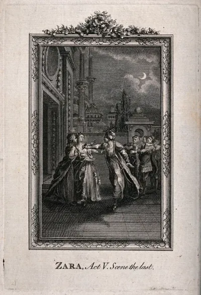 The Sultan stabs Zara in the chest: the finale of the play Zaire (Zara) by Voltaire