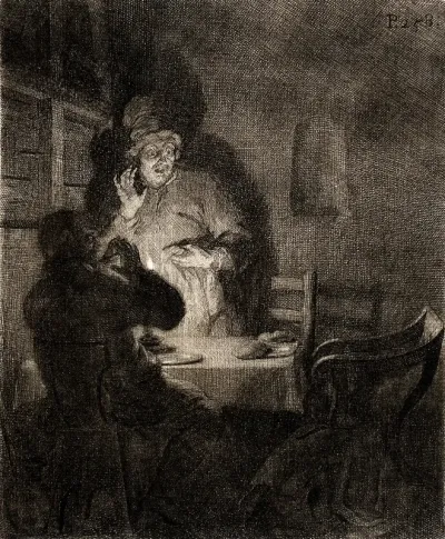 The supper at Emmaus: disciples are amazed as Christ suddenly disappears Etching by A