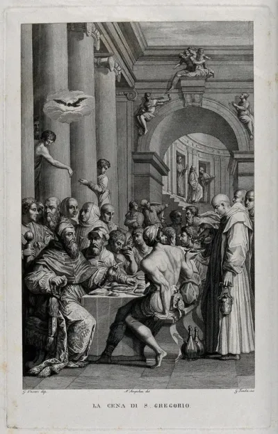 The supper of Saint Gregory: Saint Gregory seated at a table with his companions; a monk is pouring some wine