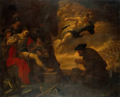 The surgeon cannot extract an arrow from the thigh of Aeneas; Venus brings a medicinal herb to accomplish what the surgeon cannot