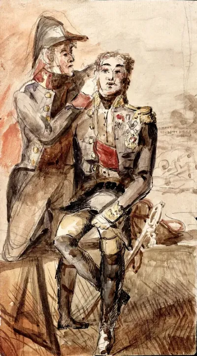 The surgeon Capiomont stitching the ear of general Oudinot at the battle of Wagram, 1809