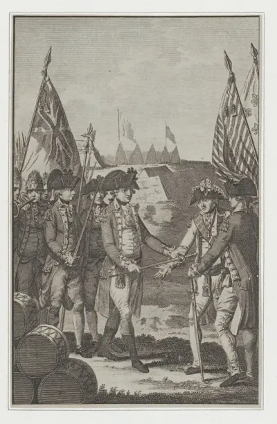 The Surrender of Earl Cornwallis (Lieutenant General of the British Army in North America) to General Washington & Count De Rochambeau, on the 19th of October, 1781, from Barnard's New, Complete and Authentic History of England
