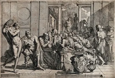 The symposium described in the Symposion of Plato: the drunken Alcibiades enters on the left