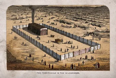 The tabernacle erected in the wilderness, surrounded by an enclosure and miles of tents