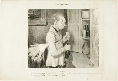 The Taste. “Wow! I am not surprised any more why this fellow is so spirited... and he calls me an old beast! Let me have one of these every morning, and I will be full of spirit too,” plate 40 from Types Parisiens