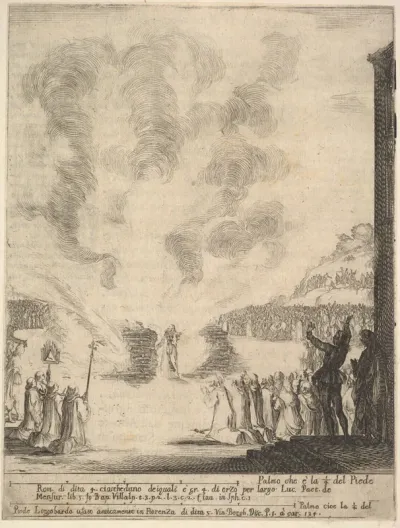 The test of fire, the monk Peter, the disciple Saint John Gualbert, passing through the flames from two pyres unharmed, from "Frontispiece and four scenes from the life of Saint John Gualbert" (Frontispice et quatre vignettes pour une vie de Saint Je