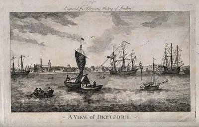 The Thames at Deptford, with several ships at anchor, men in a rowing-boat in the foreground left