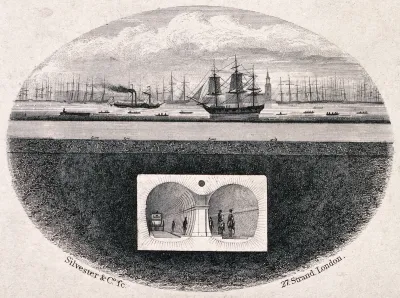 The Thames river, London: a cross-section of the first tunnel under the river, shipping in the river, and Rotherhithe beyond