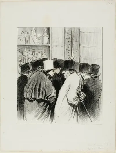 "The thermometer of the engineer Chevalier was right... at 10 degrees the large rivers as well as the noses have cought a cold... just imagine that it might take three weeks for my nose to thaw!...," plate 5 from Paris L'hiver