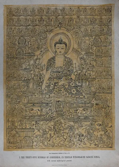 The thirty-five Buddhas of confession, in Tibetan Tungshakchi Sangye Songa, with various mythological persons