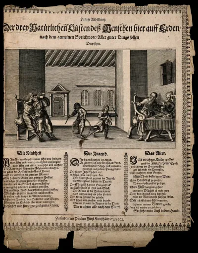 The three ages of man: a couple embrace, children play with hoops and toys, and an old couple eat at a table