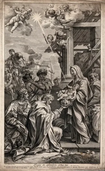 The three kings bring offerings to the infant Jesus