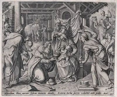 The three kings bring offerings to the infant Jesus