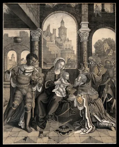 The three Magi offer gifts to the infant Christ, who sits on the Virgin's lap