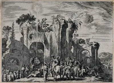 The three Magi offering gifts to the infant Christ, who sits in the lap of the Virgin Mary in a stable
