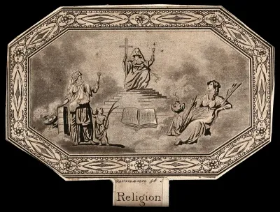 The three theological virtues: Faith enthroned in the middle; Charity on the left, and Hope on the right