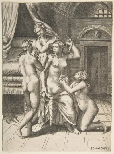 The toilet of Psyche who is seated in the centre being attended to