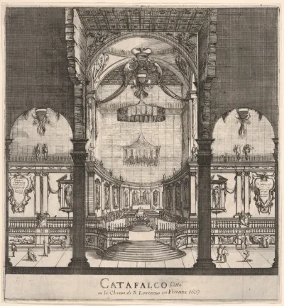 The tomb of Ferdinand II at center in the background within the choir of the church, three arches in center foreground, Austrian coat of arms hung in center arch, from "Ceremonies for the Funeral of Emperor Ferdinand II" (Funérailles de l'empereur Fe