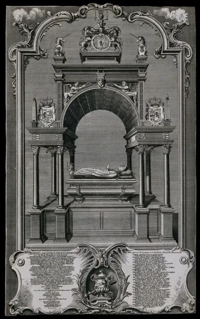 The tomb of Mary Queen of Scots in Westminster Abbey: stone effigy and numerous heraldic sculptures