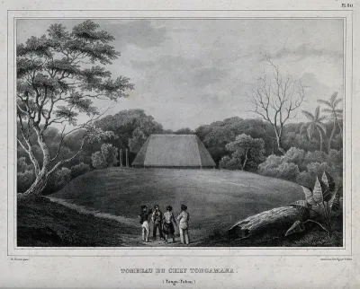 The tomb of Tongamana in Tonga, with people standing in the foreground
