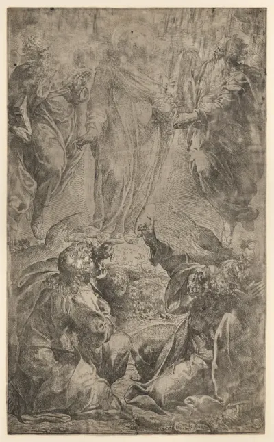 The Transfiguration of Christ on Mount Tabor, with Moses and Elijah, three disciples below