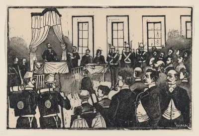 The trial of the killers of Tomas Hernandez Aguirre, from a broadside entitled 'El jurado de los asesinos del Sr. Tomás Hernábdez Aguirre. Defensa de los reos. La sentencia. Actitud de los criminales'