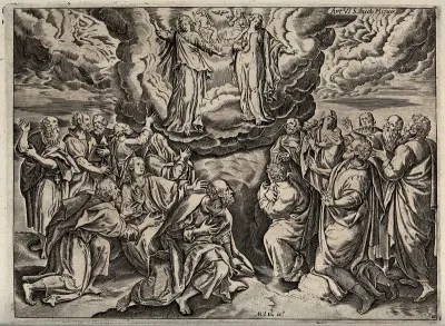 The Trinity appearing to the Virgin Mary, the apostles and evangelists and Saint Mary Magdalene (?) Engraving by A