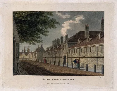 The Trinity Hospital, Greenwich, with the sails of a ship in the distance
