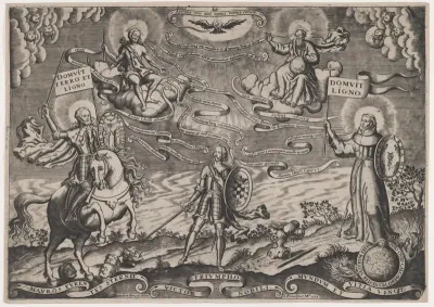 The triumph of faith, a soldier standing in centre holding shield adorned with arms of Alva; Holy Trinity above, St James Major on horseback at left