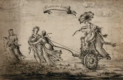The triumph of love: Cupid and a young woman being drawn in a chariot by two women while a third scatters roses before them