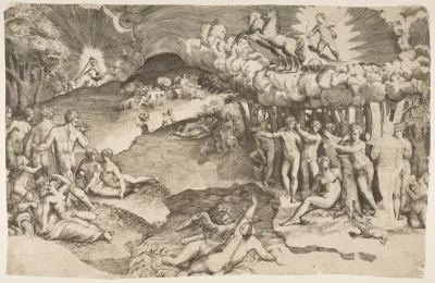 The triumph of love, cupid riding a chariot drawn by unicorn is in the upper right, naked figures fill the composition; a proof impression